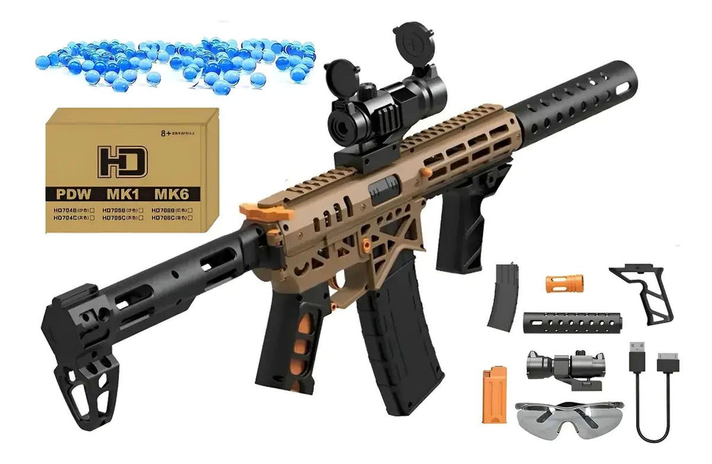 Blaster de juguete de hidrogel MK1 con kit completo: bolitas de agua, cargador de bolitas, cable USB, tubo decorativo desmontable, mira de juguete sin aumento y gafas protectoras