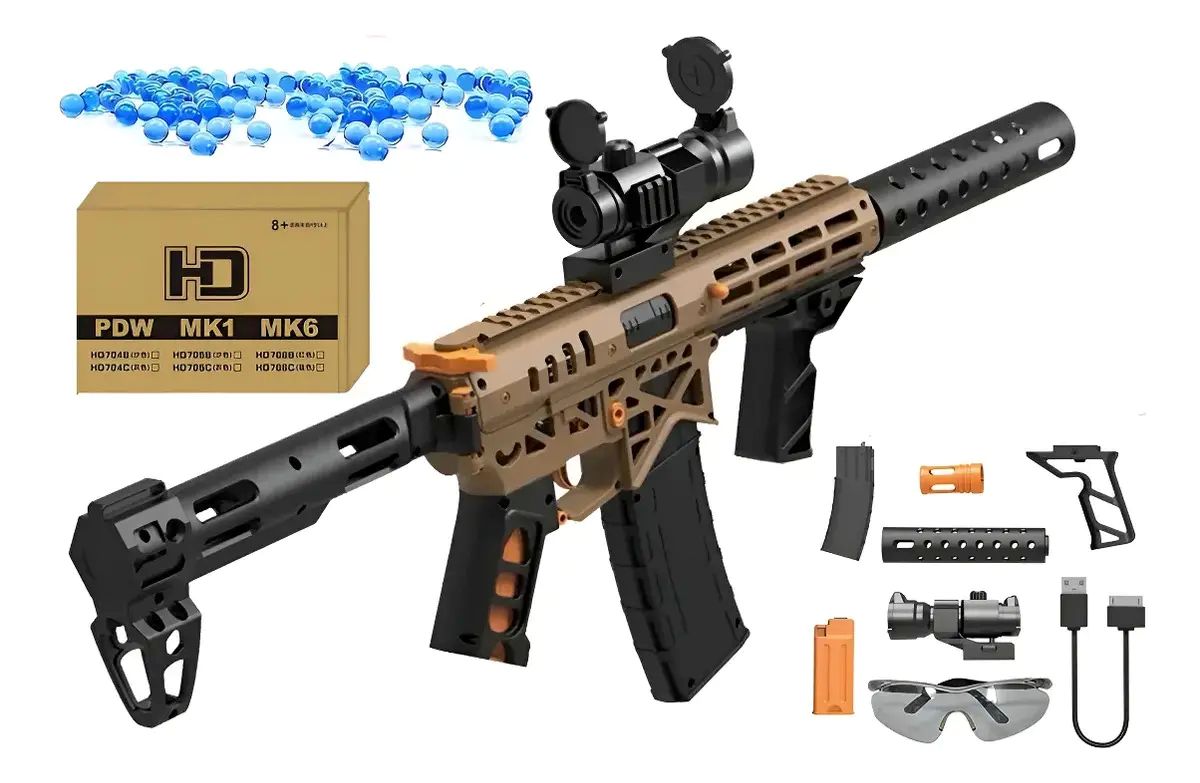 Blaster de juguete de hidrogel MK1 con kit completo: bolitas de agua, cargador de bolitas, cable USB, tubo decorativo desmontable, mira de juguete sin aumento y gafas protectoras